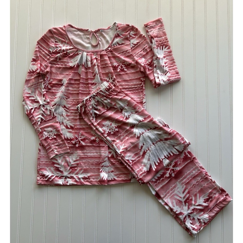 Pajama Set w/ Pink And White Snowflakes Winter Trees Women's Size Small Soft PJs